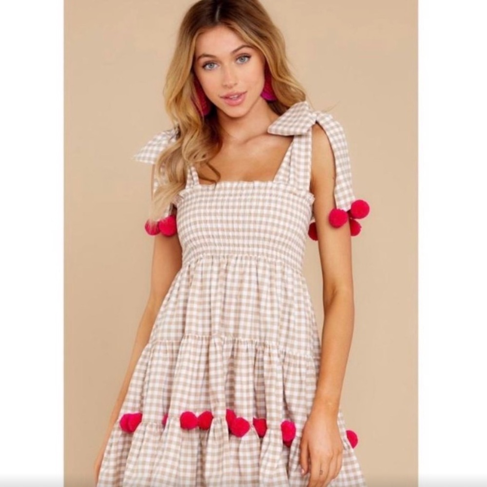SUNDRESS Pippa Brown and Cream Gingham Pompom Mini Dress